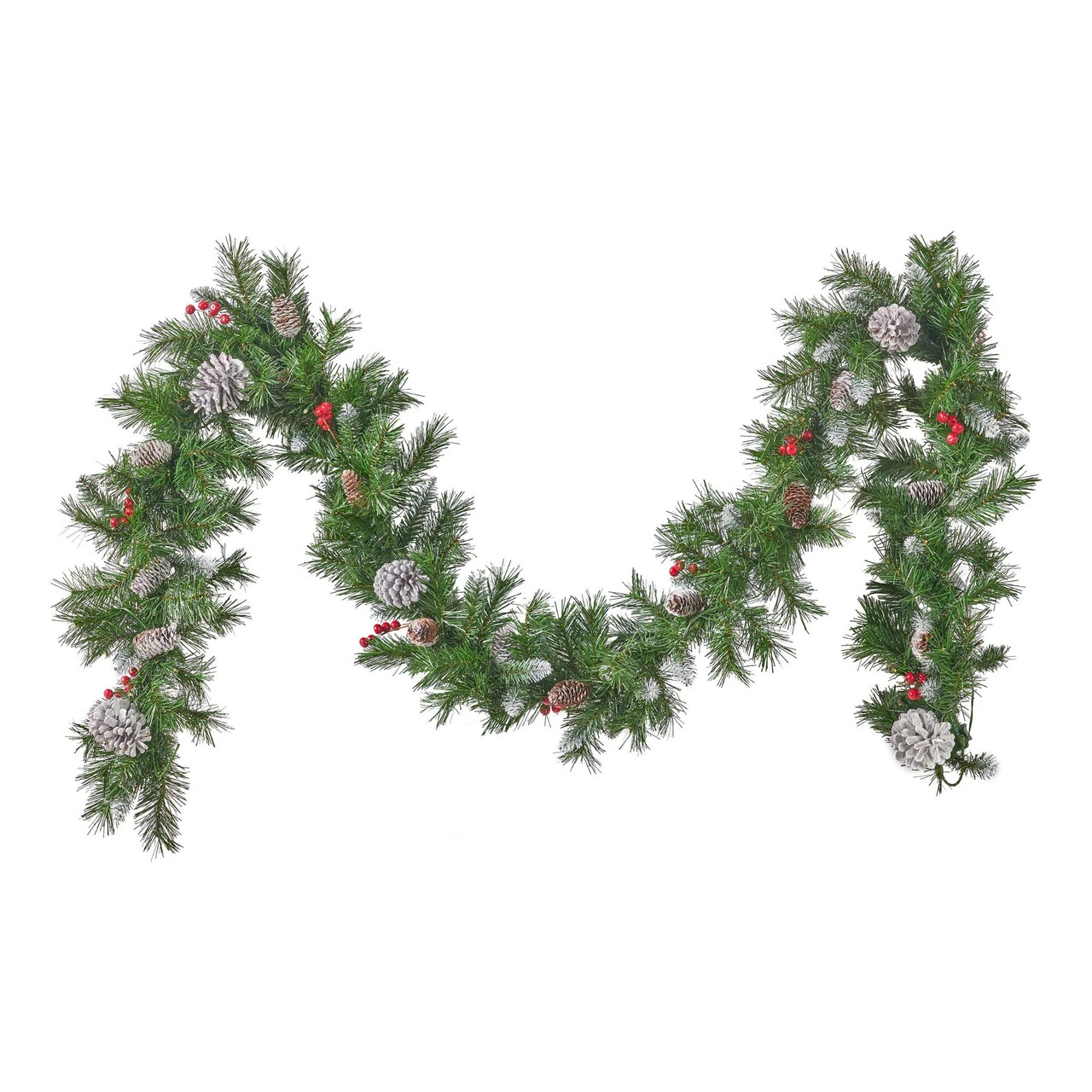 9' Mixed Spruce Pre-Lit Clear LED Artificial Christmas Garland With Frosted Branches And Red Berries