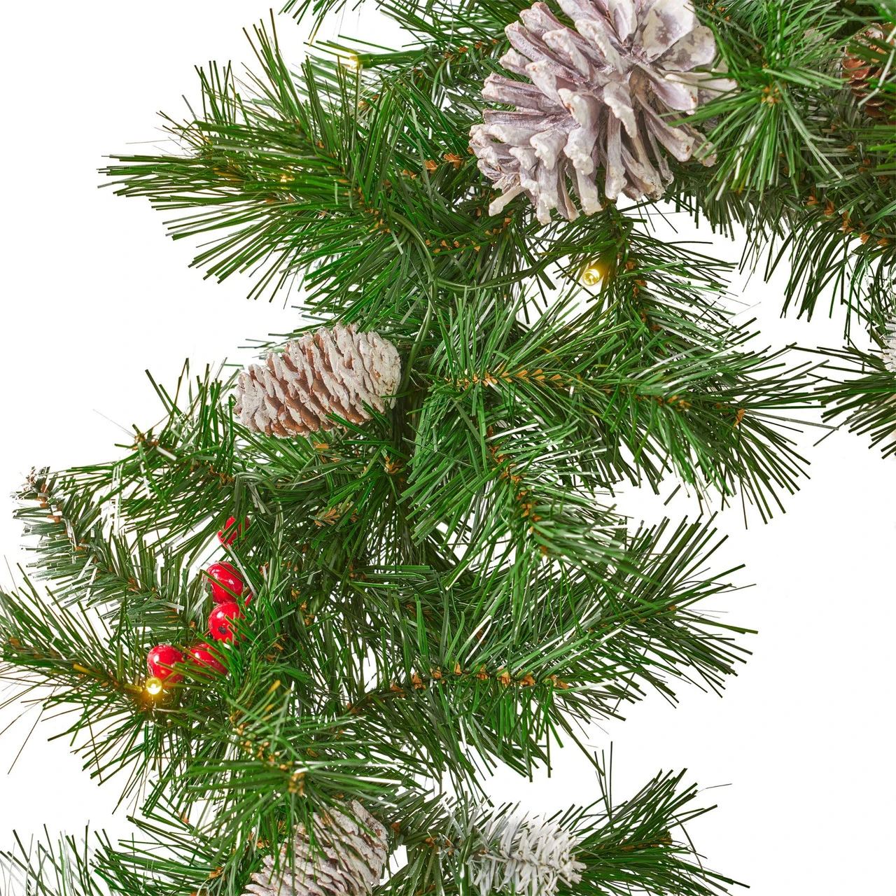 9' Mixed Spruce Pre-Lit Clear LED Artificial Christmas Garland With Frosted Branches And Red Berries - Image 2