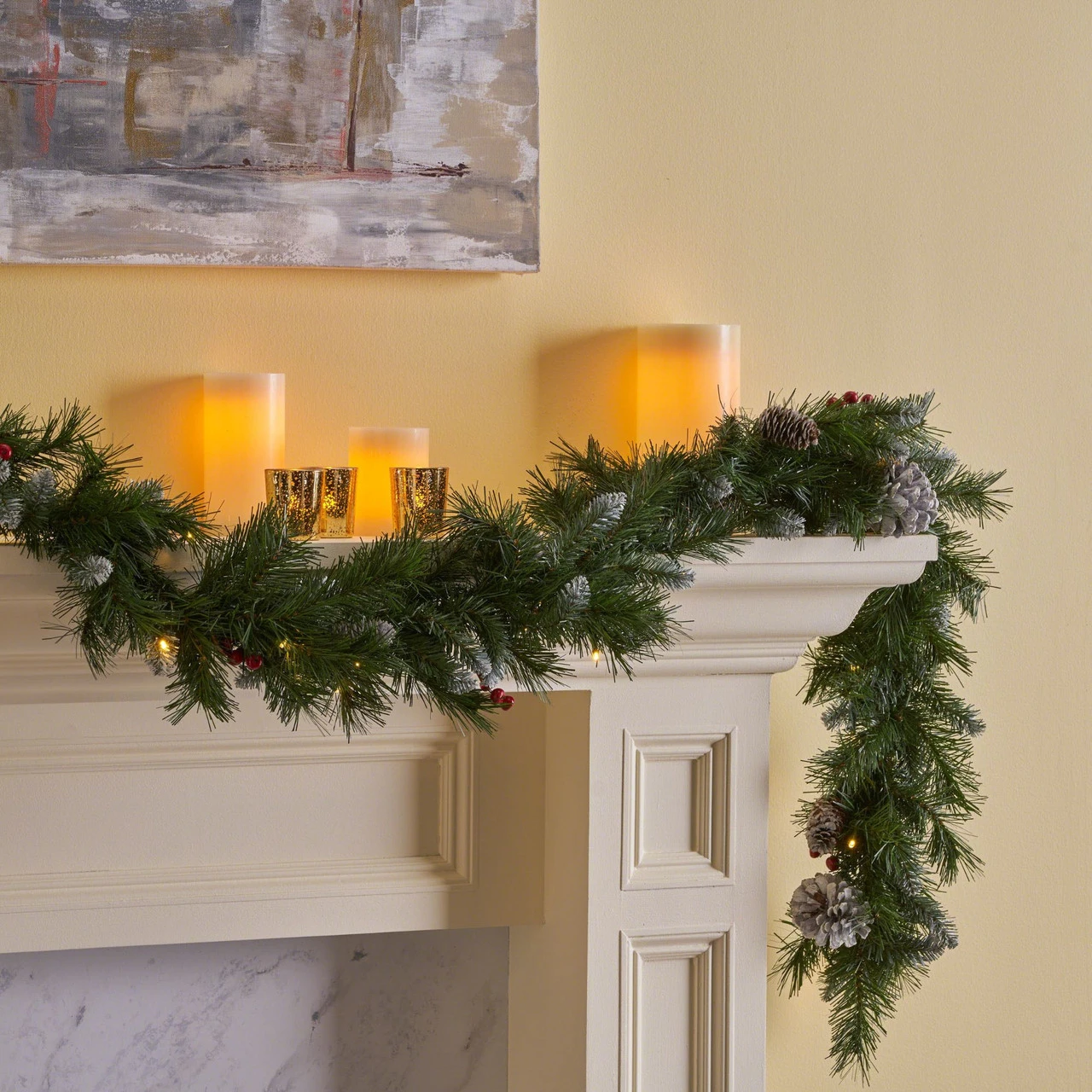 9' Mixed Spruce Pre-Lit Clear LED Artificial Christmas Garland With Frosted Branches And Red Berries - Image 6