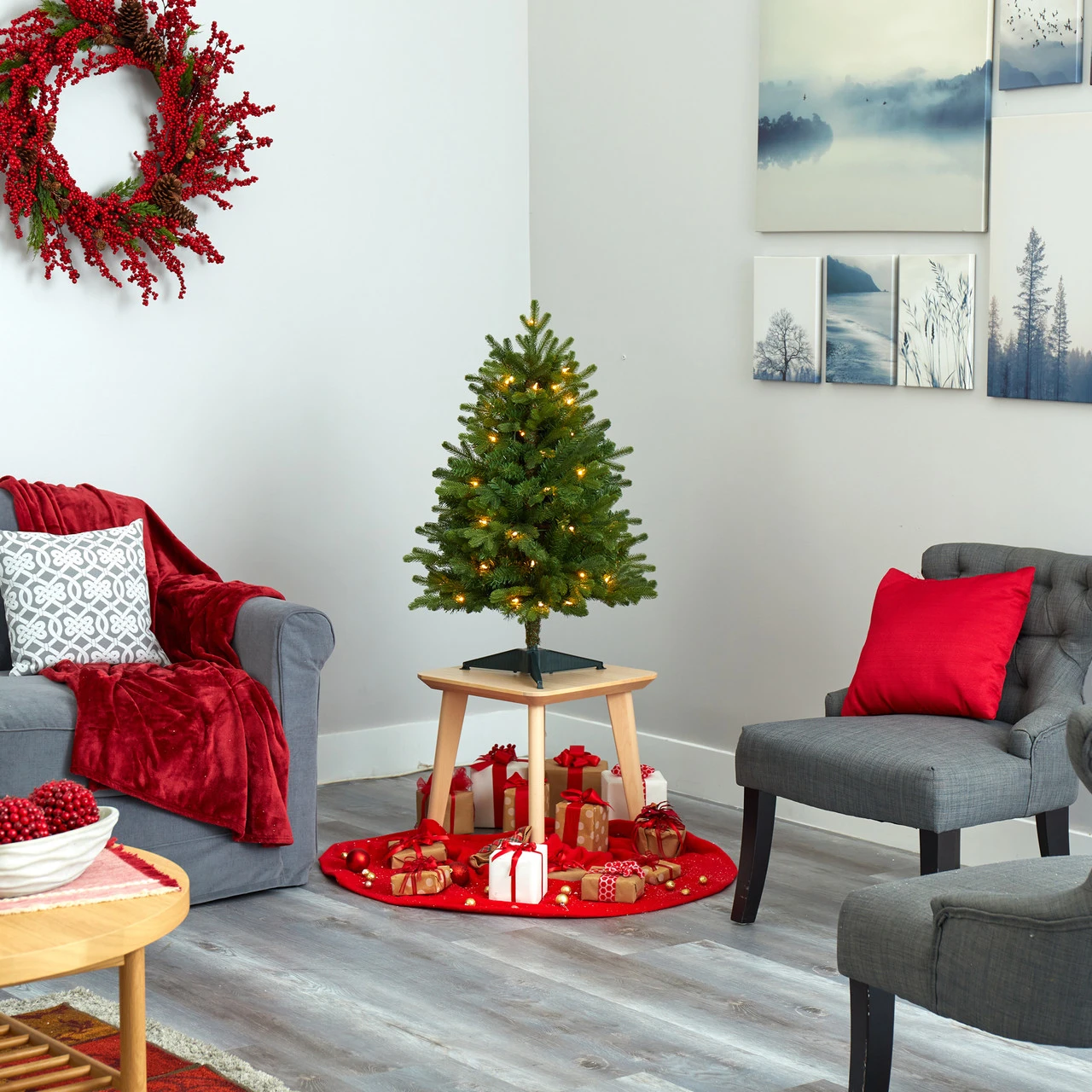 3’ Pre-Lit Washington Fir Artificial Christmas Tree, Clear LED Lights - Image 3