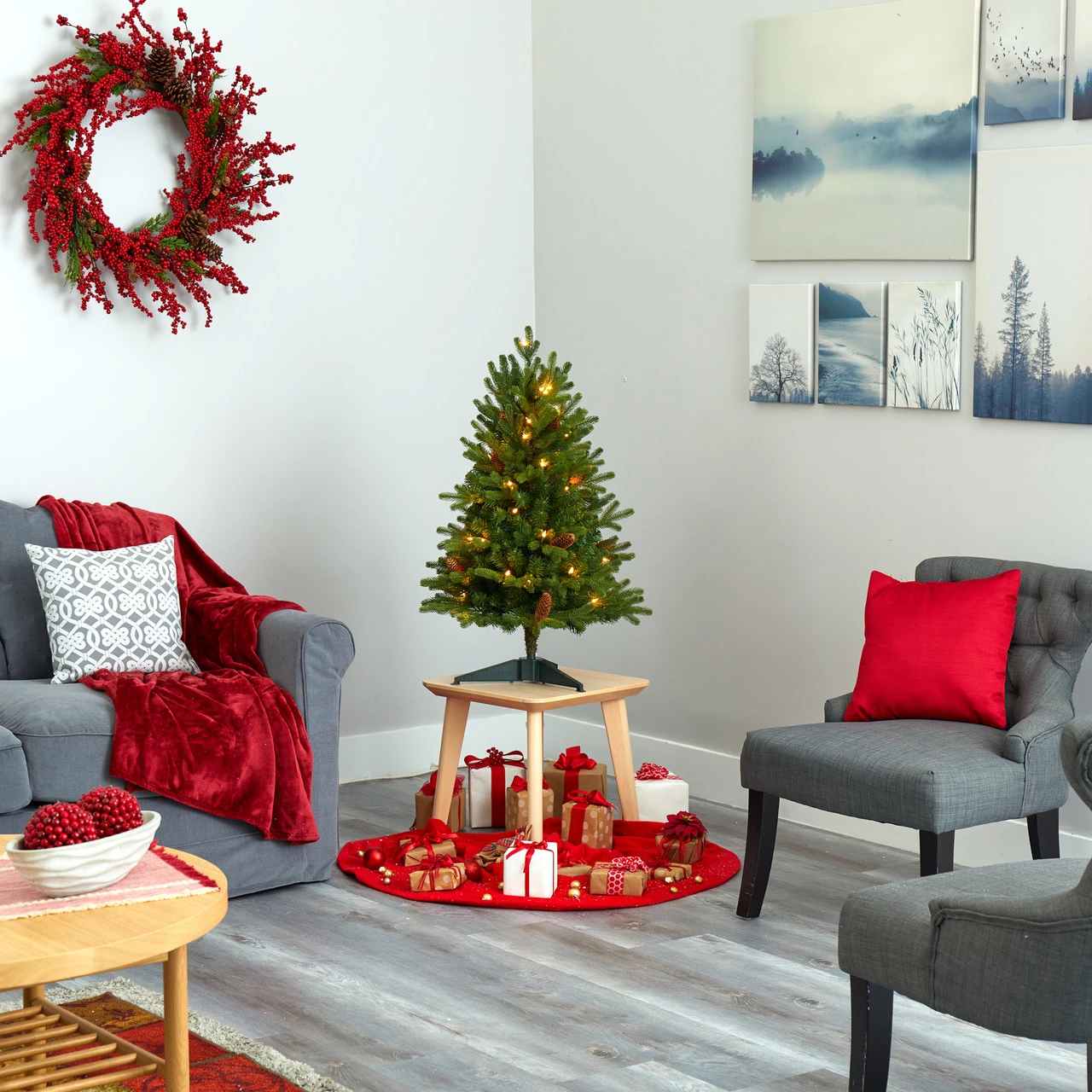 3’ Pre-Lit Yukon Pinecones Fir Artificial Christmas Tree, Clear LED Lights - Image 3