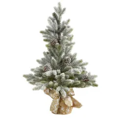 2' Potted Flocked Artificial Christmas Tree With Pinecones, Unlit