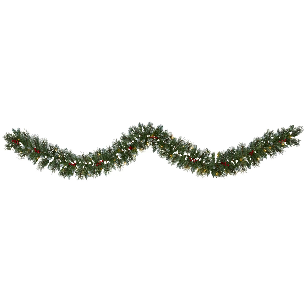 9’ X 7" Pre-Lit Frosted Swiss Pine And Berries Artificial Christmas Garland, Clear LED Lights
