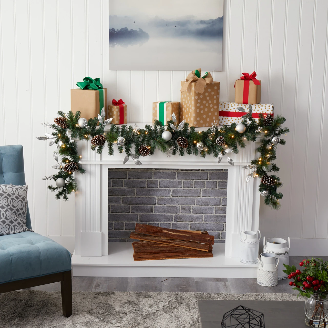 9’ X 10" Pre-Lit Ornament And Pinecone Artificial Christmas Garland, Clear LED Lights - Image 5