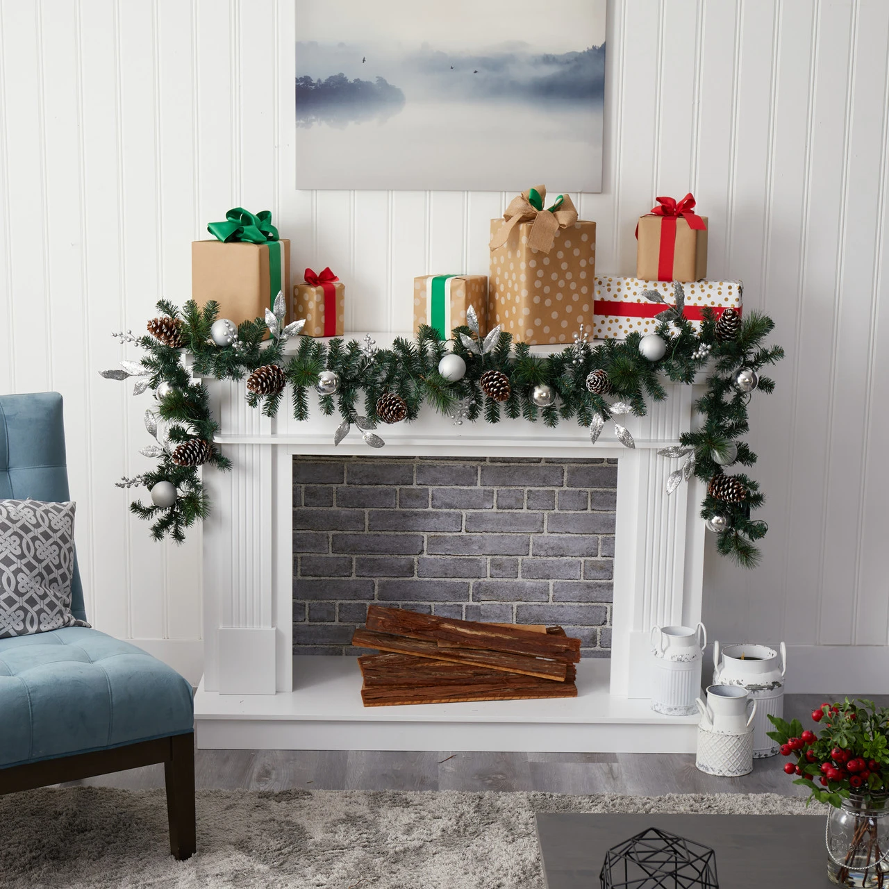 9’ X 10" Pre-Lit Ornament And Pinecone Artificial Christmas Garland, Clear LED Lights - Image 6