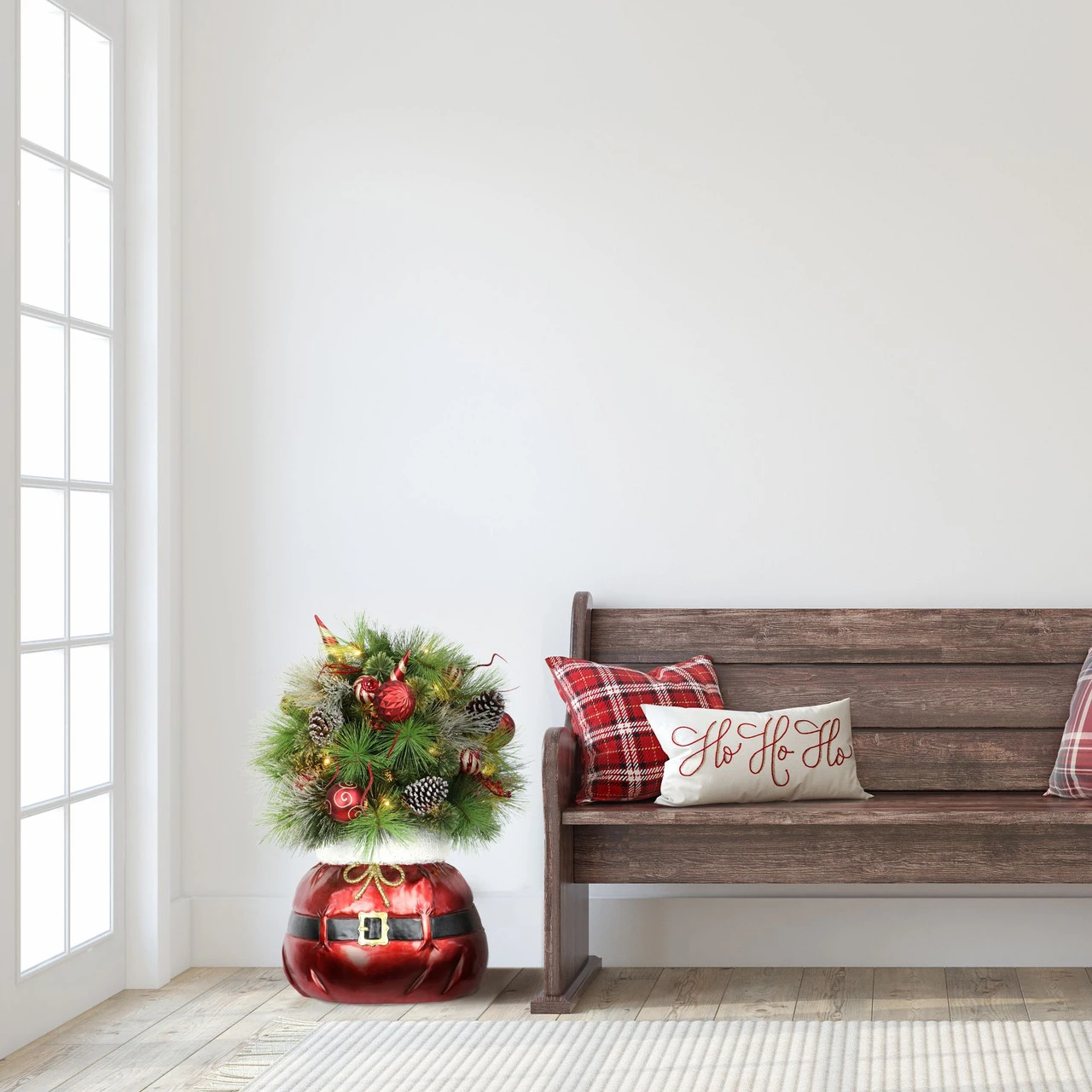 3' Pre-Lit Decorated Artificial Christmas Bush In Santa Sac Base, Warm White Lights - Image 2