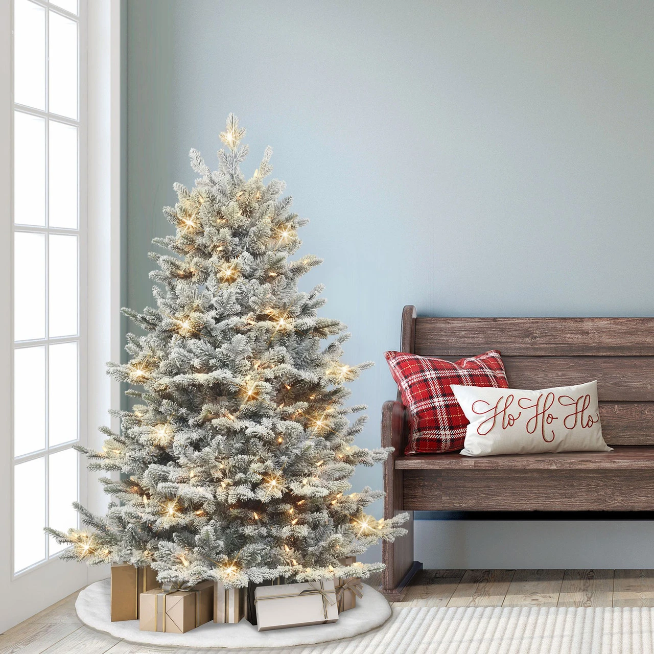4.5' Pre-lit Flocked Downswept Douglas Fir Full Artificial Christmas Tree, Clear Lights - Image 2