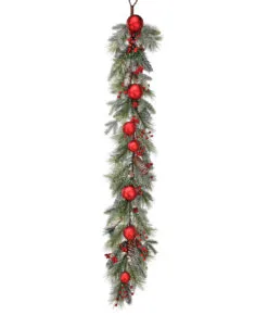 4' Green, Red, And Brown Frosted Pine Berries Ball Cone Christmas Garland - Unlit