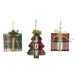 Set Of 3 Buffalo Plaid Present And Christmas Tree Ornaments 5.25"