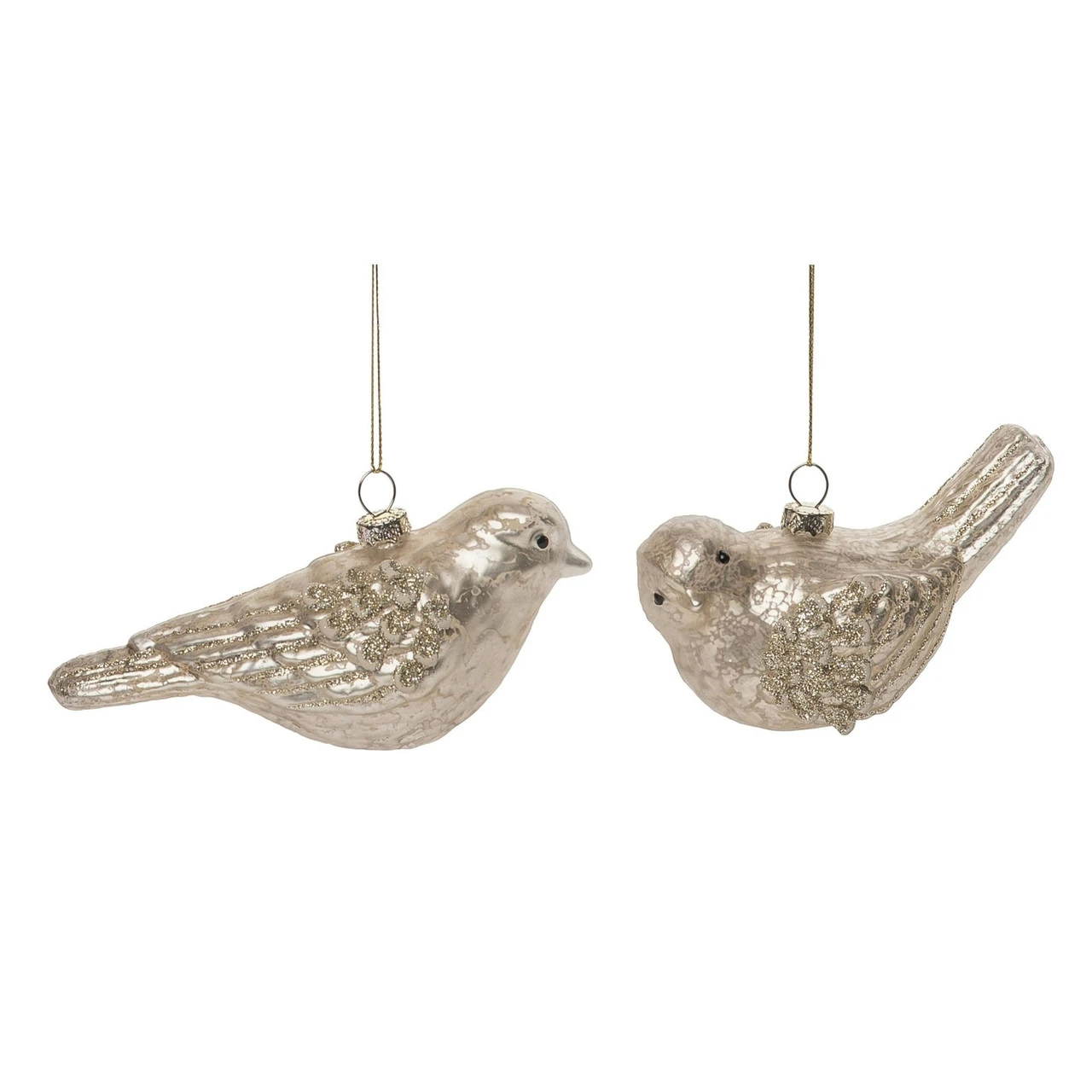 Set Of 2 Gold Glitter Glass Christmas Bird Ornaments 5.5"