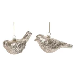 Set Of 2 Gold Glittery Glass Christmas Bird Ornaments 5.5"