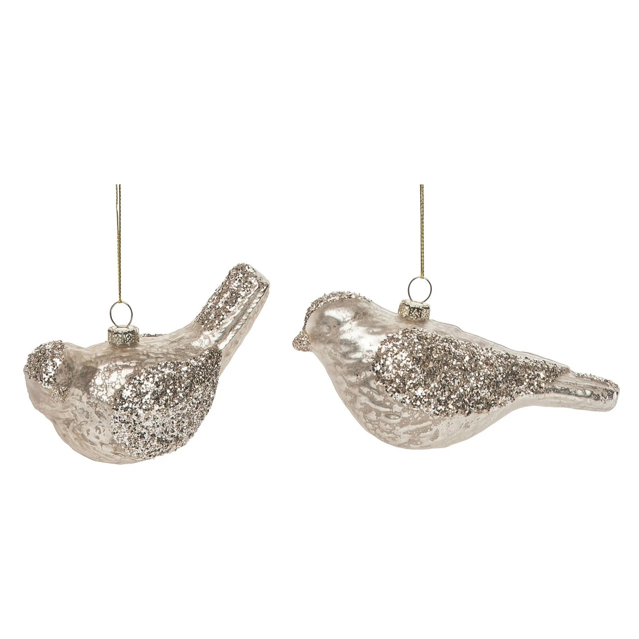 Set Of 2 Gold Glittery Glass Christmas Bird Ornaments 5.5"
