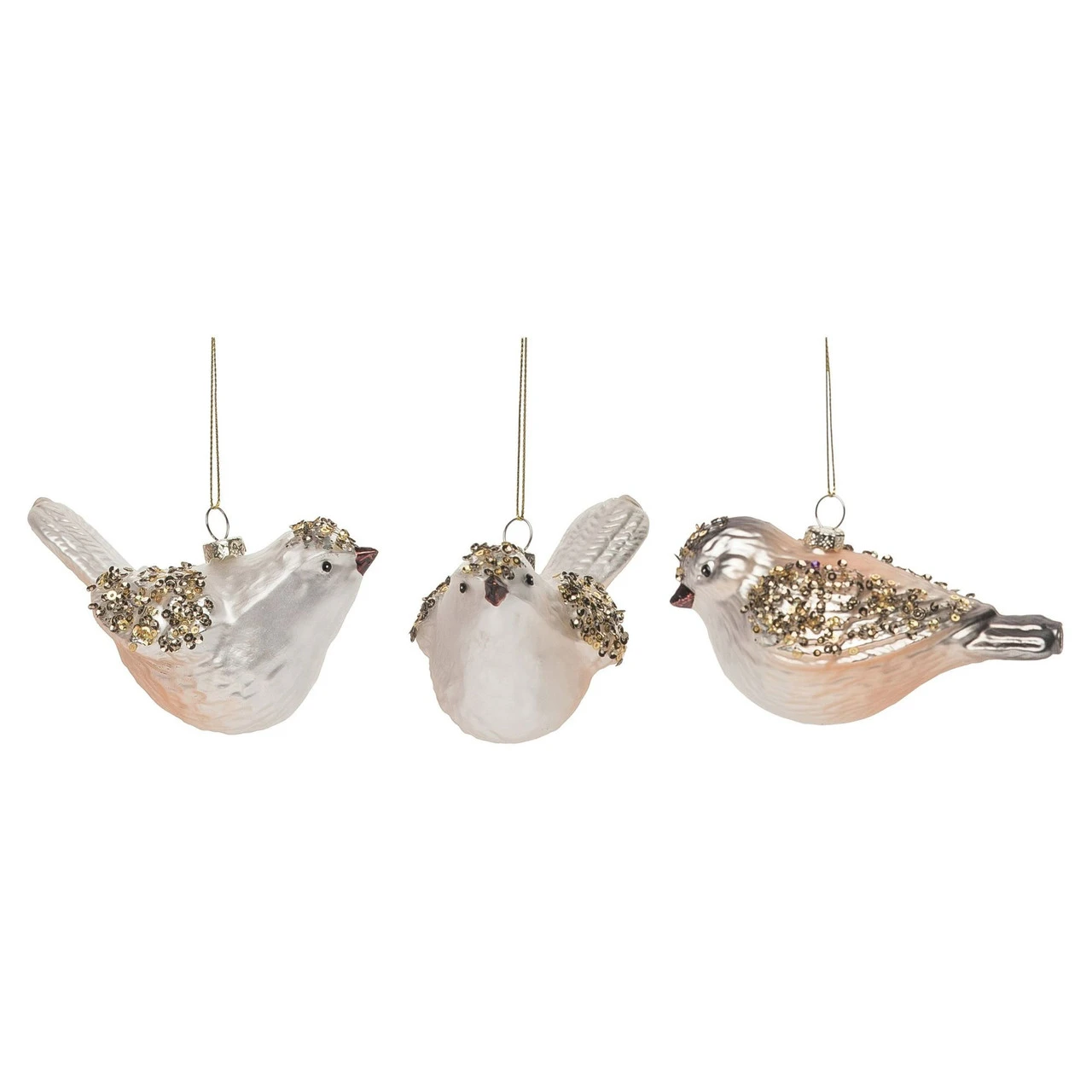 Set Of 3 Silver And Orange Sequin Glass Christmas Bird Ornaments 5"