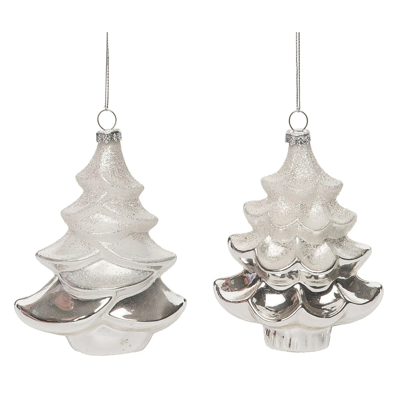 Set Of 2 White Glass Christmas Tree Ornaments 5"