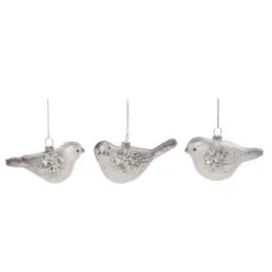 Set Of 3 Silver And White Beaded Glass Christmas Bird Ornaments 4.75"