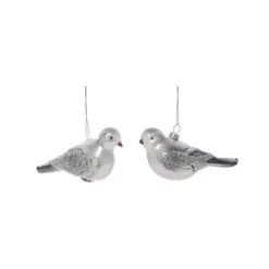 Set Of 2 Silver And Gray Glitter Glass Christmas Bird Ornaments 5.5"