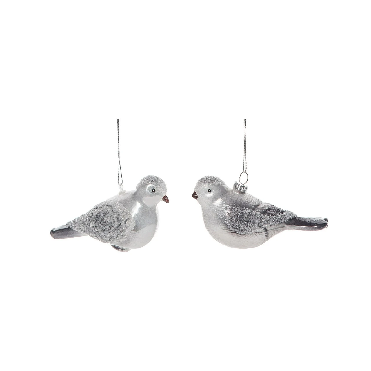 Set Of 2 Silver And Gray Glitter Glass Christmas Bird Ornaments 5.5"