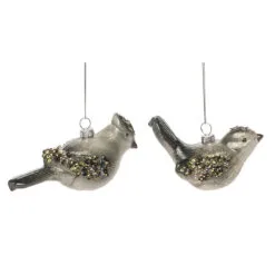 Set Of 2 Gray Sequin Glass Christmas Bird Ornaments 5"