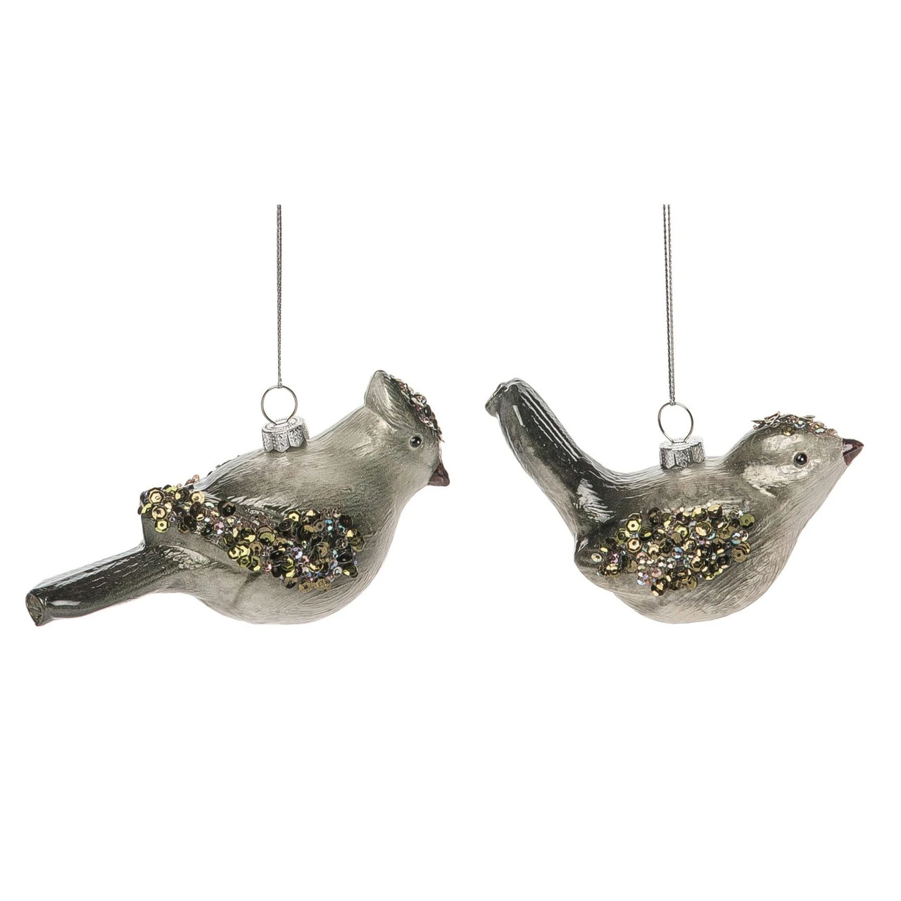 Set Of 2 Gray Sequin Glass Christmas Bird Ornaments 5"