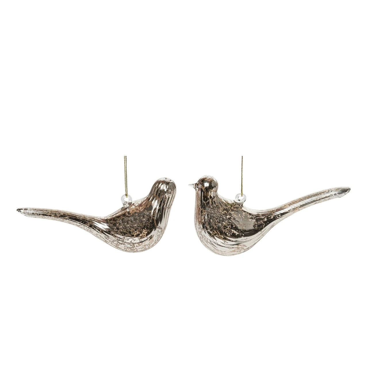 Set Of 2 Gold Mercurial Glass Christmas Bird Ornaments 6"