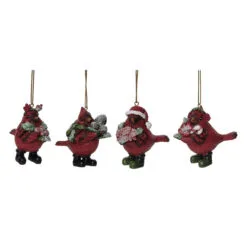 Set Of 4 Red And Green Dressy Cardinal Christmas Ornaments 3"
