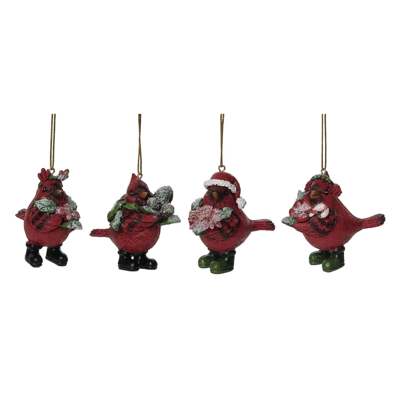 Set Of 4 Red And Green Dressy Cardinal Christmas Ornaments 3"