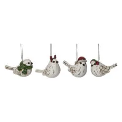 Set Of 4 White And Green Christmas Knotty Birch Birds Ornaments 3.25"