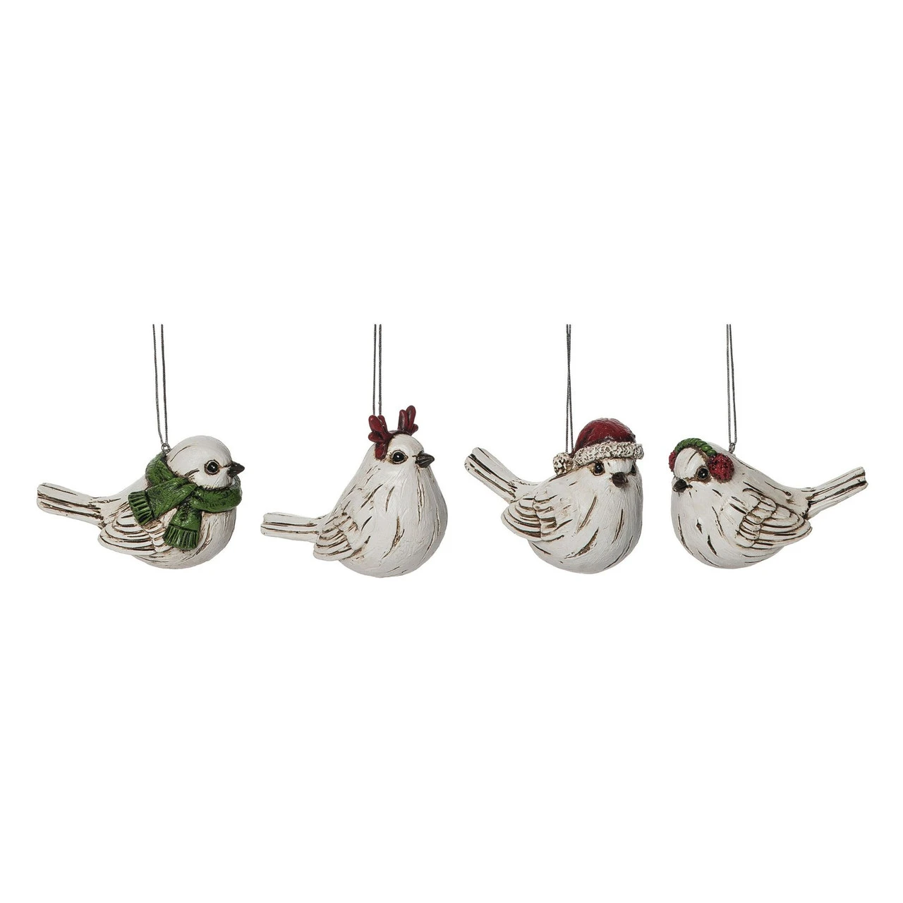 Set Of 4 White And Green Christmas Knotty Birch Birds Ornaments 3.25"