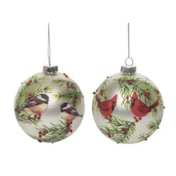 Set Of 2 Silver And Red Winter Bird Christmas Ball Ornaments 4.5"