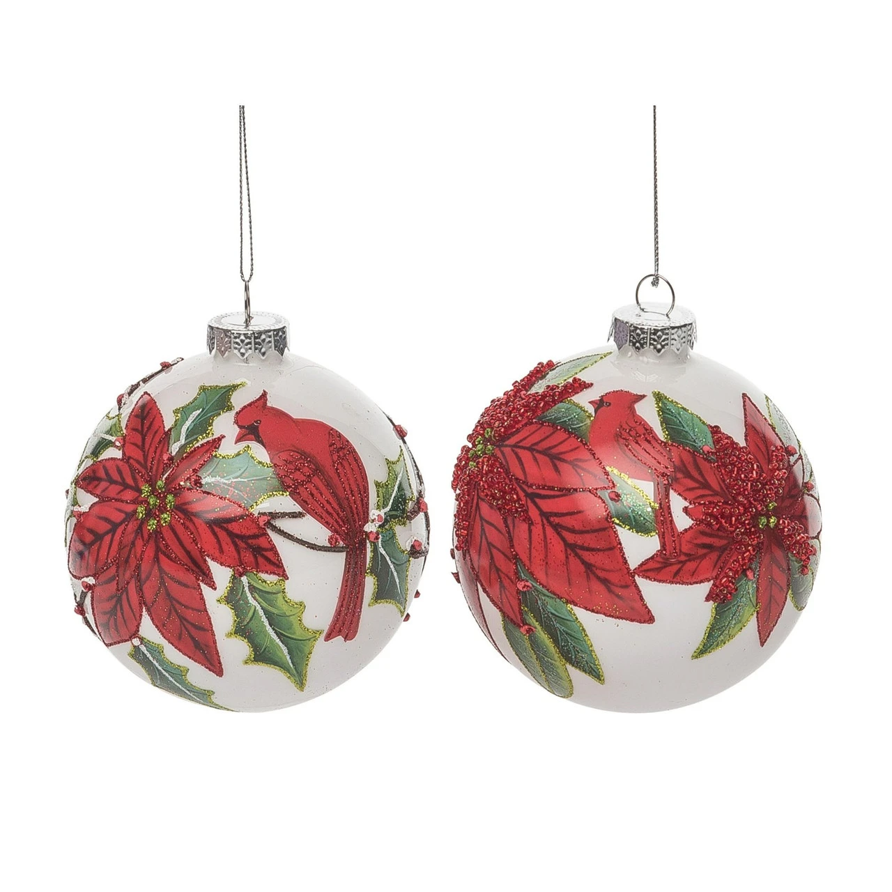 Set Of 2 Silver And Red Poinsettia Christmas Ball Ornaments 4.5"