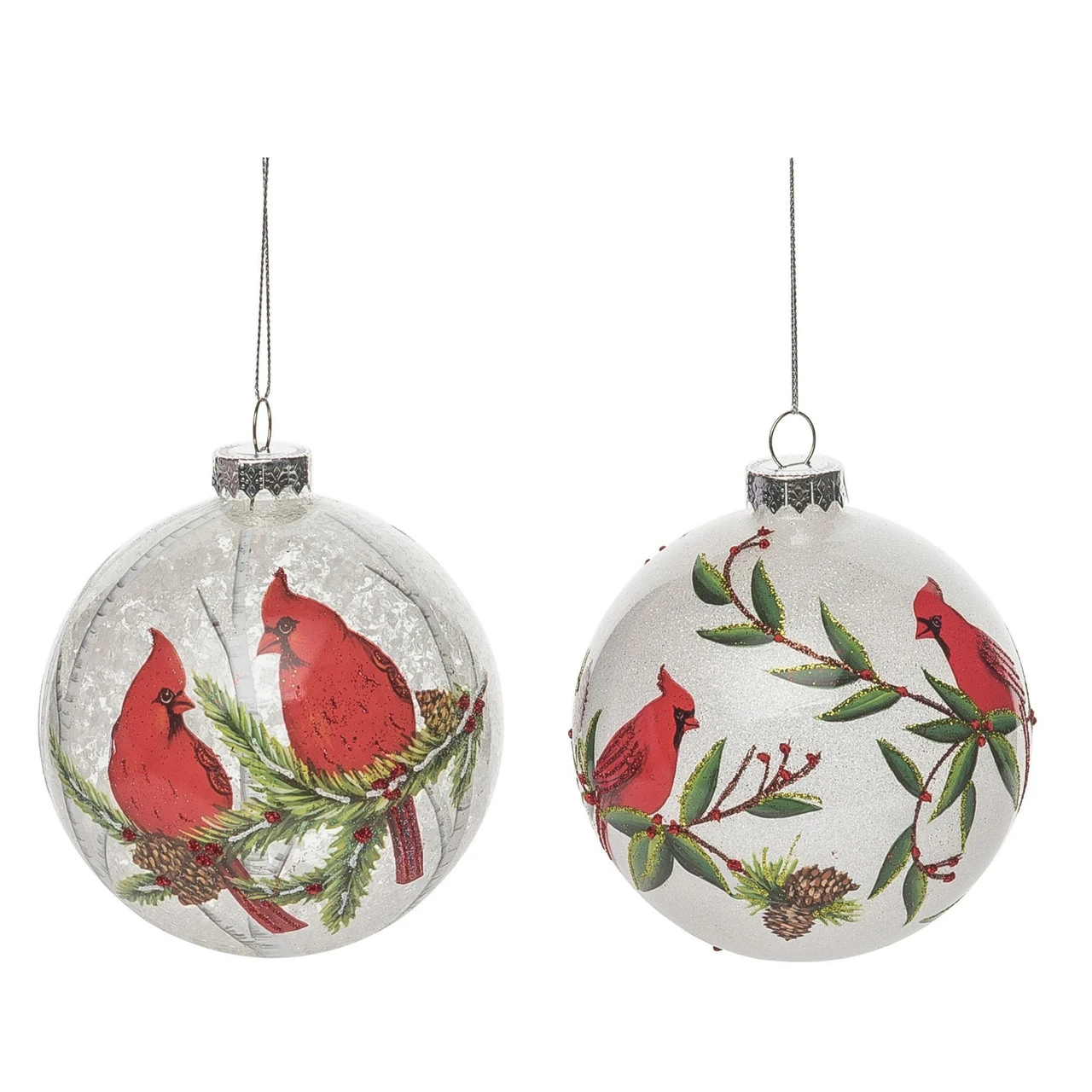 Set Of 2 Silver And Red Snow Cardinal Christmas Ball Ornaments 4.5"
