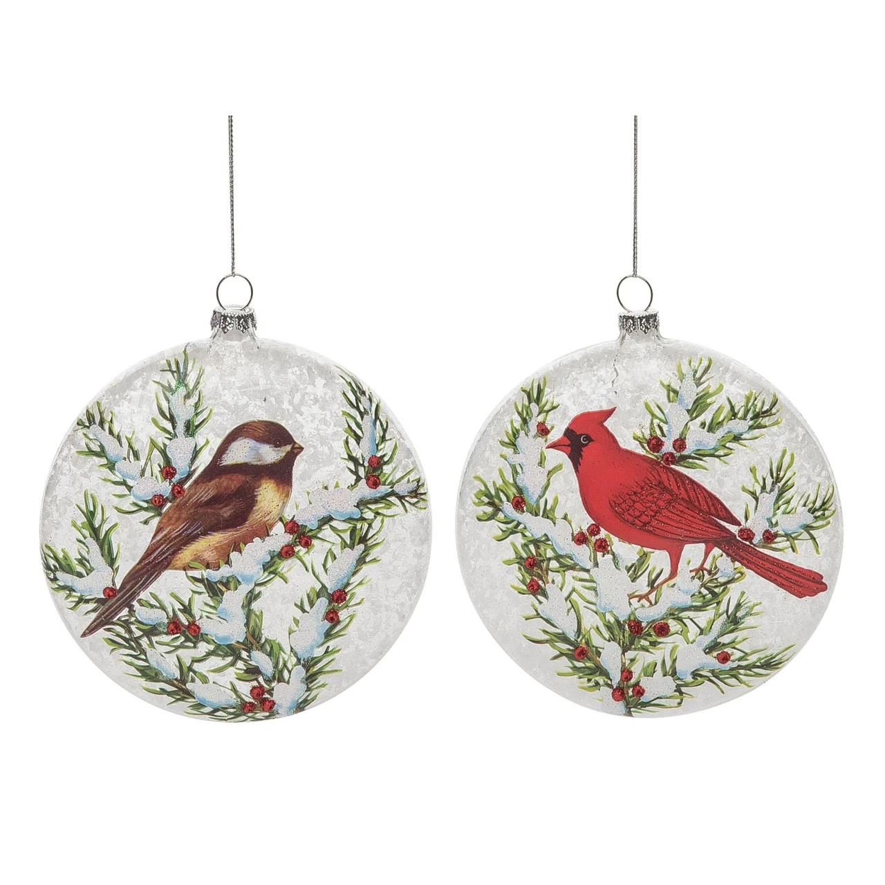 Set Of 2 Silver And Red Winter Bird Christmas Ball Ornaments 5.5"