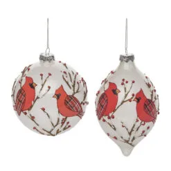 Set Of 2 Red Cardinal Birds Christmas Drop And Ball Ornaments 5.5"