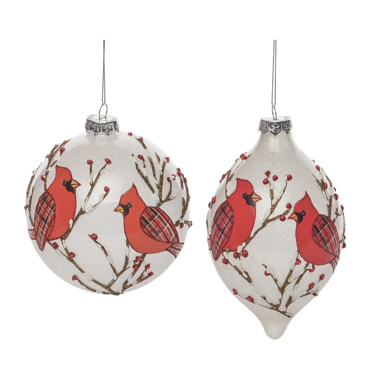 Set Of 2 Red Cardinal Birds Christmas Drop And Ball Ornaments 5.5"