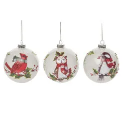 Set Of 3 White And Red Scarf Birds Christmas Ball Ornaments 4.5"