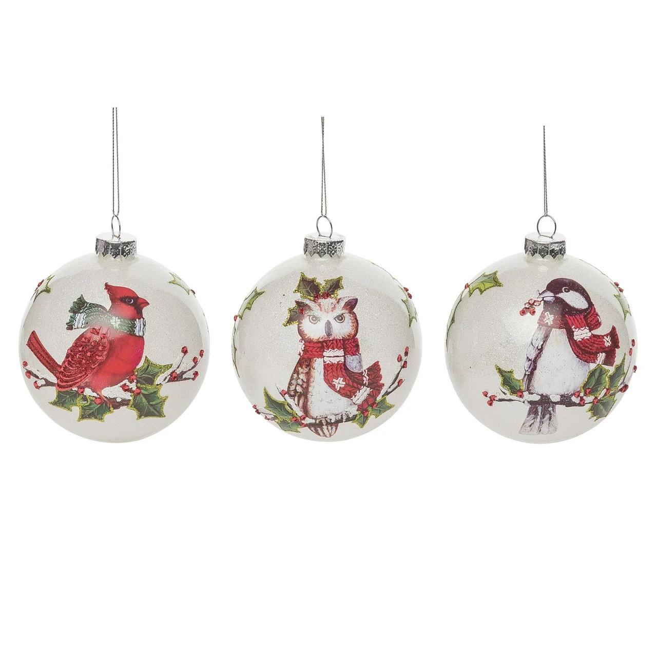 Set Of 3 White And Red Scarf Birds Christmas Ball Ornaments 4.5"
