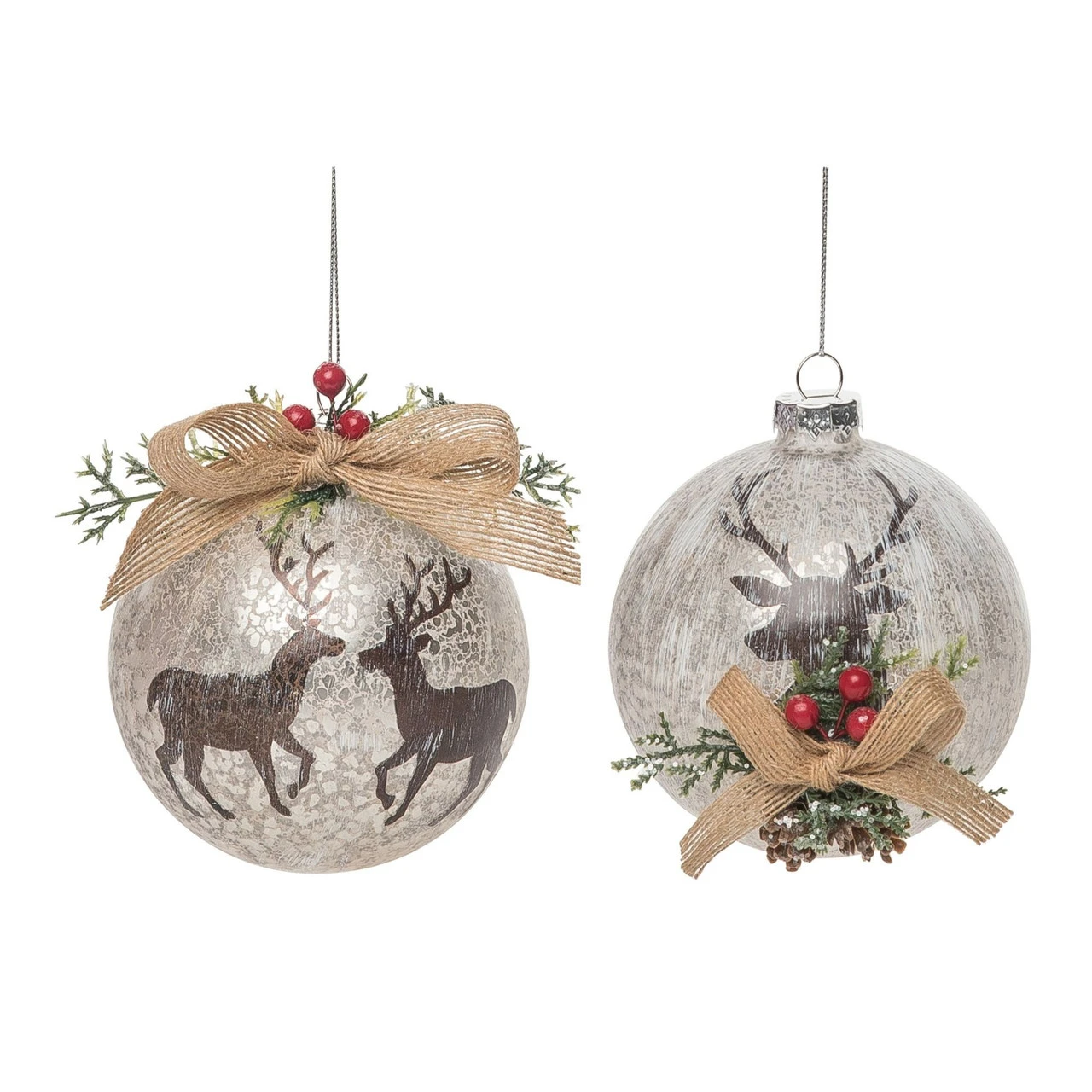 Set Of 2 Christmas Rustic Reindeer Ornaments 4.5"
