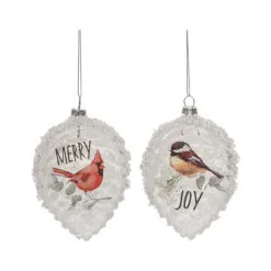 Set Of 2 White Christmas Pinecone With Birds Ornaments 4.75"