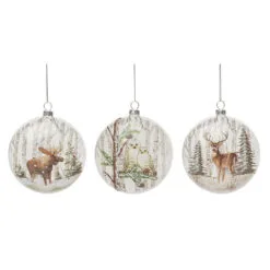 Set Of 3 White And Green Christmas Forest Critter Ornaments 4.5"