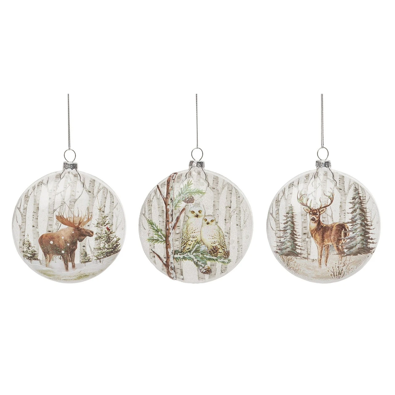 Set Of 3 White And Green Christmas Forest Critter Ornaments 4.5"