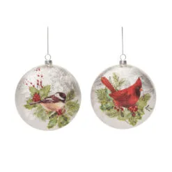 Set Of 2 Ivory And Red Christmas Silky Bird Ball Ornaments 5.5"