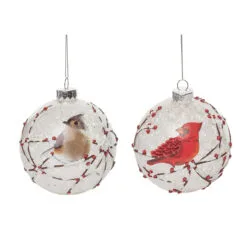 Set Of 2 White And Red Christmas Winter Birds Ornaments 4.5"