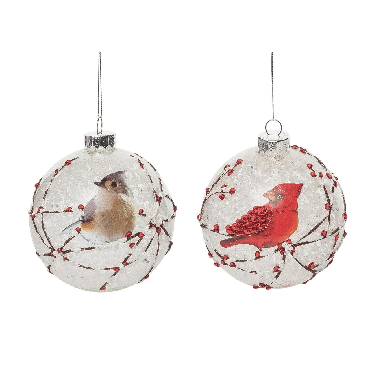 Set Of 2 White And Red Christmas Winter Birds Ornaments 4.5"