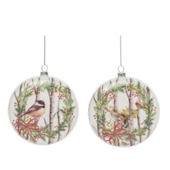 Set Of 2 White And Green Christmas Birch Forest Ornaments 5.5"