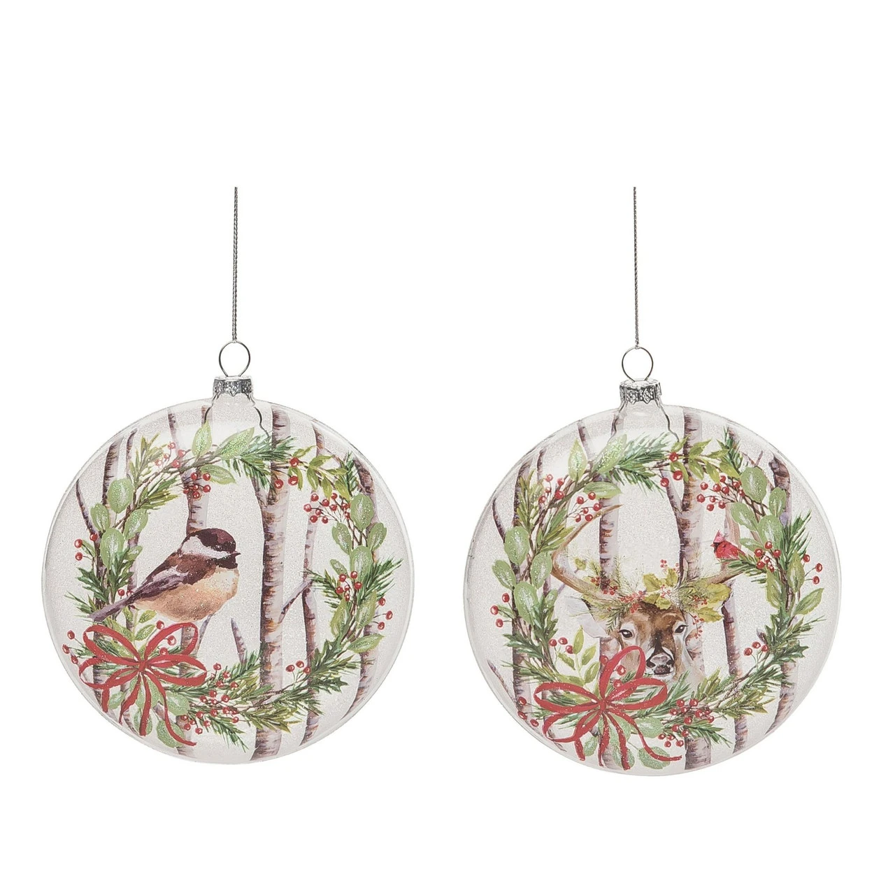 Set Of 2 White And Green Christmas Birch Forest Ornaments 5.5"