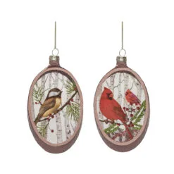 Set Of 2 Brown And Red Christmas Woodcut Winter Bird Ornaments 6"