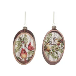 Set Of 2 Brown And Red Christmas Woodcut Birds Ornaments 6"