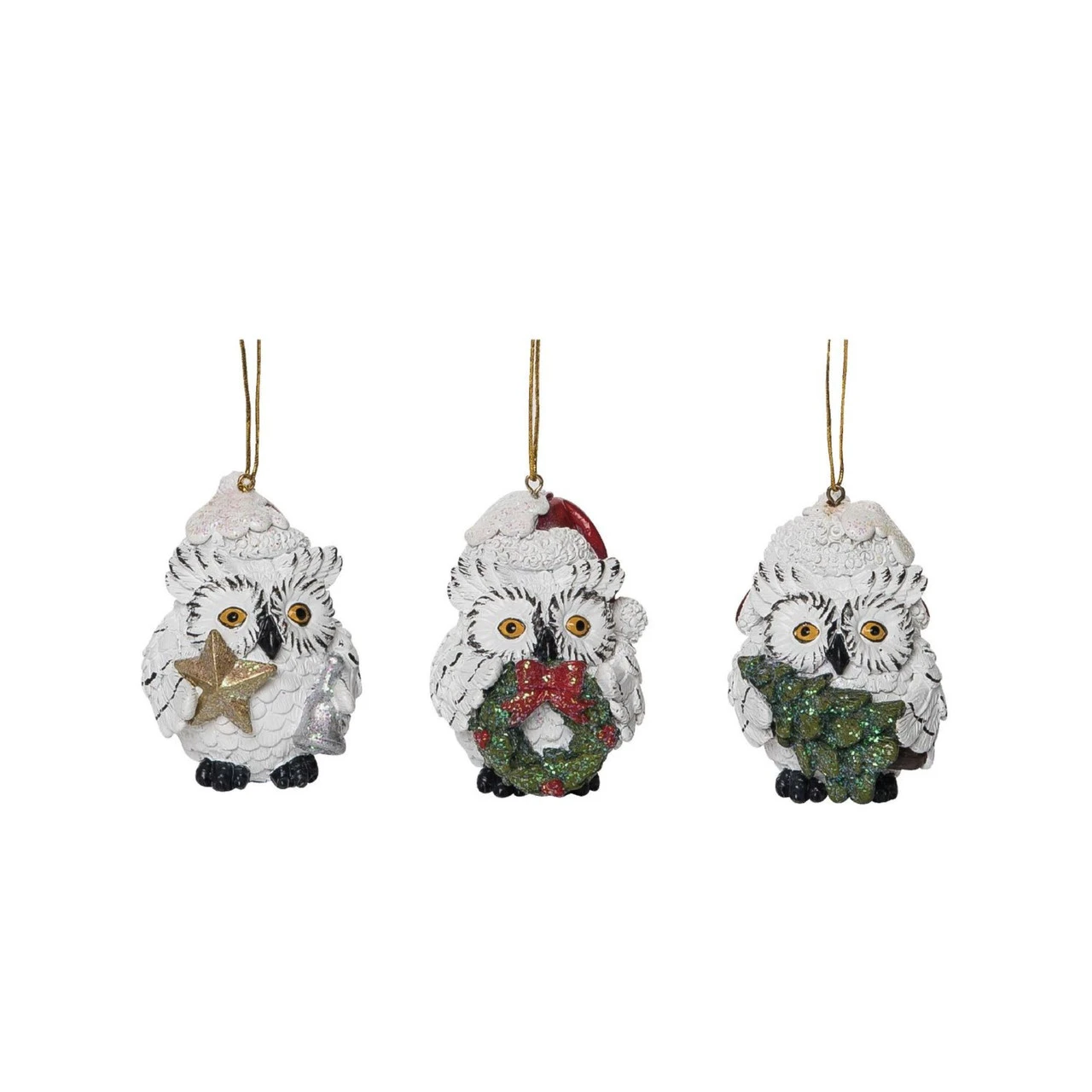 Set Of 3 White Christmas Rustic Woodland Owl Ornaments 3.25"