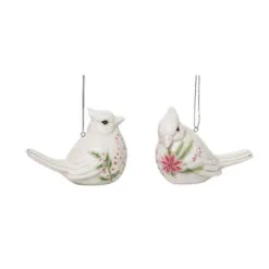 Set Of 2 White And Pink Floral Christmas Bird Ornaments 4.25"