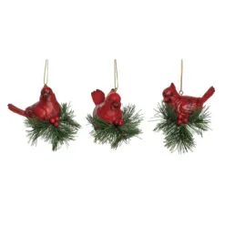 Set Of 3 Red Cardinal With Holly Pine Leaves Christmas Bird Ornaments 4"